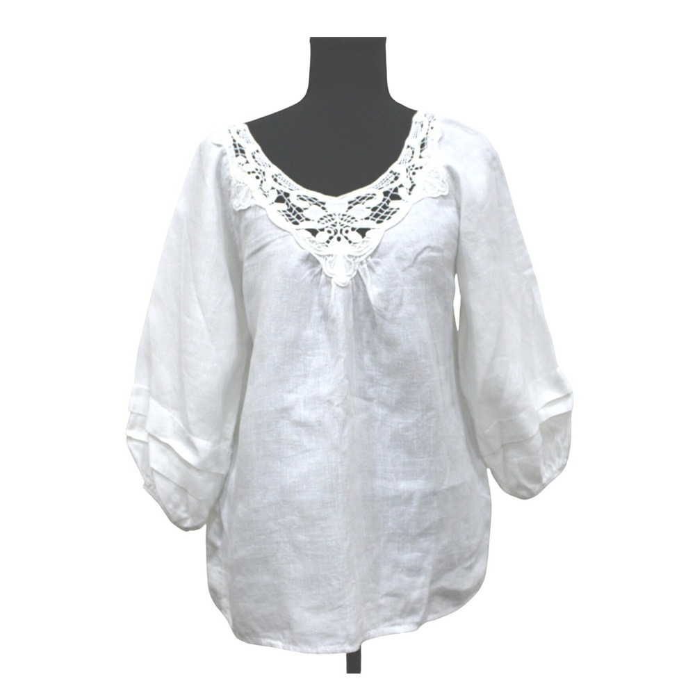 Laura Bianchi Linen Blouse Womens Medium White Excellent Crochet Lace Boho Italy